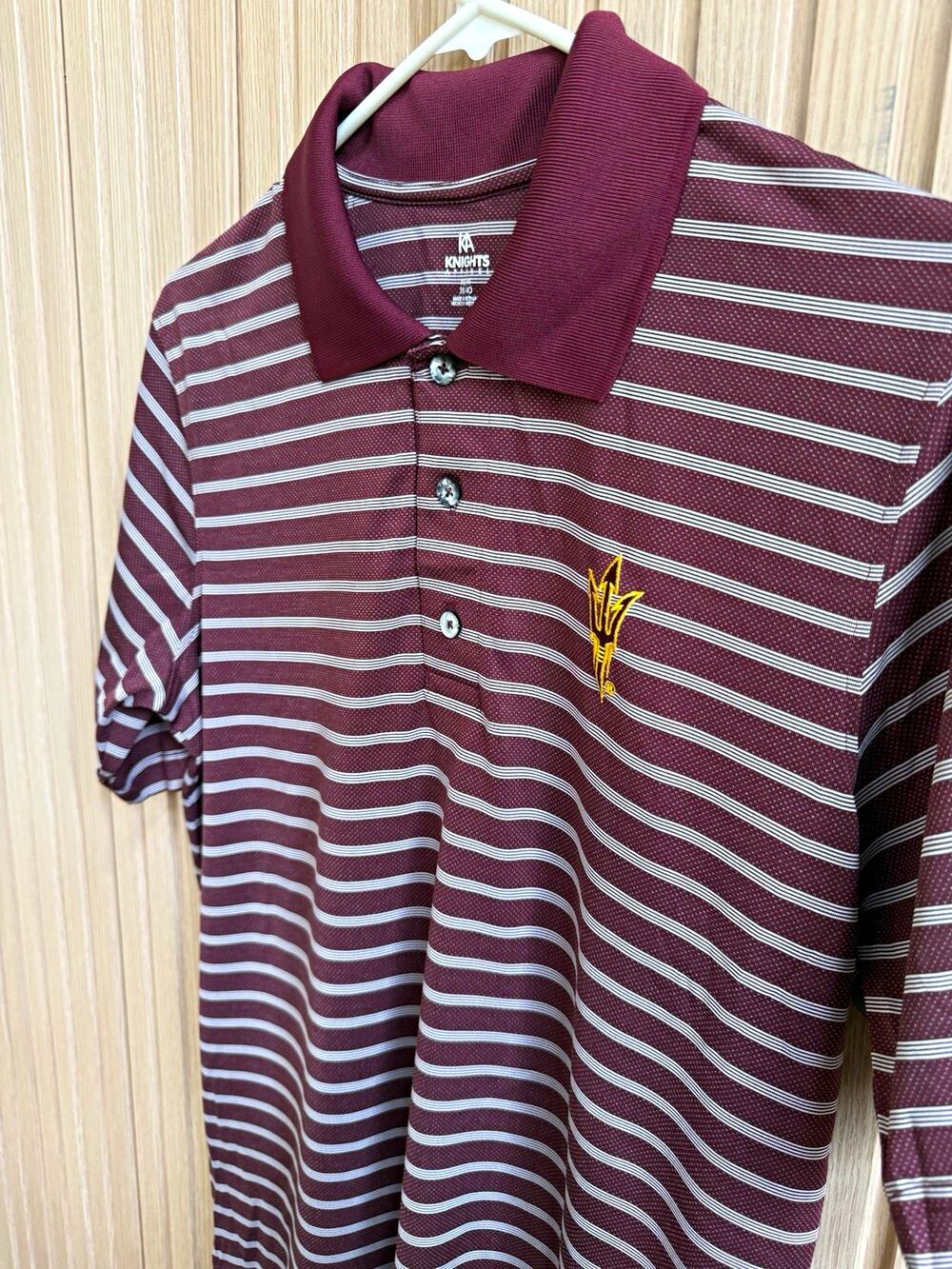 Knights Apparel Men's M Burgundy Striped Polo Shirt Short Sleeve Button Logo ASU